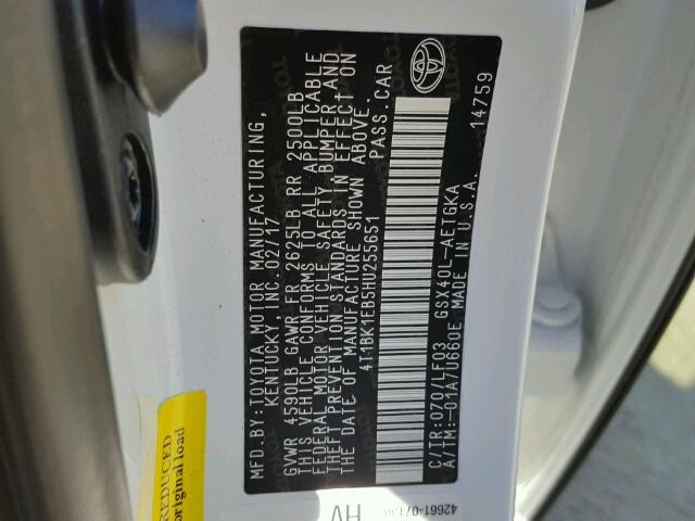 4T1BK1EB5HU255651 - 2017 TOYOTA AVALON XLE WHITE photo 10