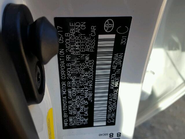 JTNB11HK9J3004433 - 2018 TOYOTA CAMRY L 白色 照片 10