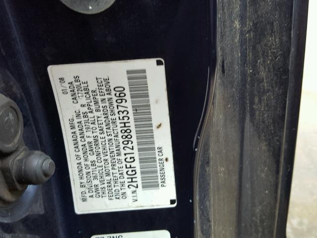 2HGFG12988H537960 - 2008 HONDA CIVIC EXL 蓝色 照片 10