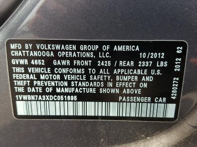 1VWBN7A3XDC051695 - 2013 VOLKSWAGEN PASSAT GRAY photo 10