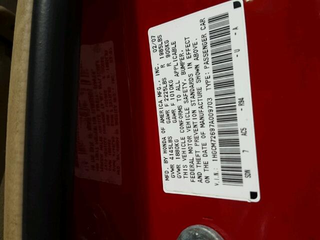 1HGCM72697A009703 - 2007 HONDA ACCORD EX RED photo 10