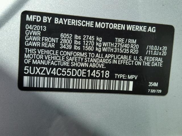 5UXZV4C55D0E14518 - 2013 BMW X5 XDRIVE3 SILVER photo 10