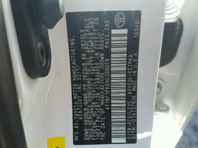 4T1BF1FK6HU399079 - 2017 TOYOTA CAMRY LE 白色 照片 10