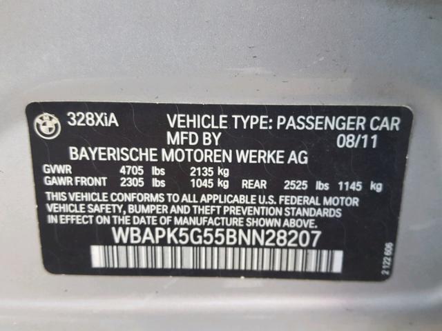 WBAPK5G55BNN28207 - 2011 BMW 328 XI SUL SILVER photo 10