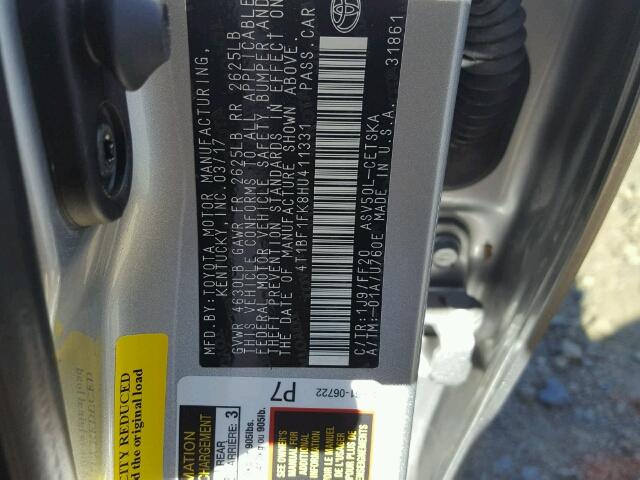 4T1BF1FK8HU411331 - 2017 TOYOTA CAMRY LE GRAY photo 10