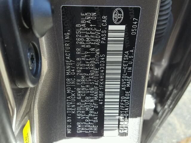 4T1BF1FK4HU430345 - 2017 TOYOTA CAMRY LE ნაცრისფერი ფოტო 10