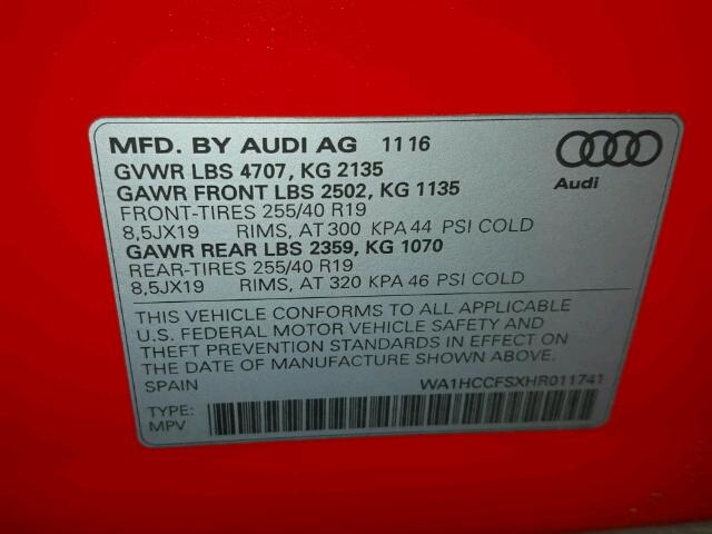 WA1HCCFSXHR011741 - 2017 AUDI Q3 PREMIUM RED photo 10