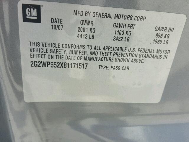 2G2WP552X81171517 - 2008 PONTIAC GRAND PRIX GRAY photo 10
