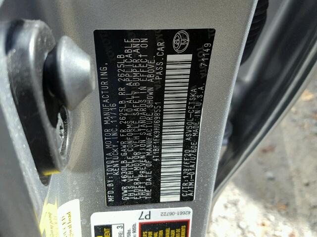 4T1BF1FK9HU698551 - 2017 TOYOTA CAMRY LE 灰色 照片 10