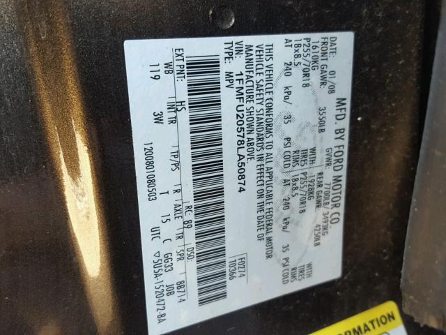 1FMFU20578LA50874 - 2008 FORD EXPEDITION CHARCOAL photo 10