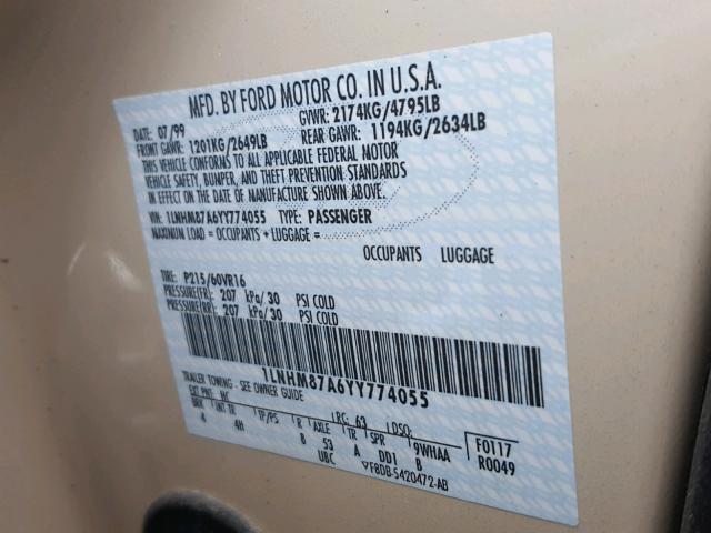 1LNHM87A6YY774055 - 2000 LINCOLN LS 金色 照片 10