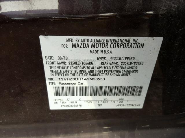 1YVHZ8BH1A5M53553 - 2010 MAZDA 6 I PURPLE photo 10