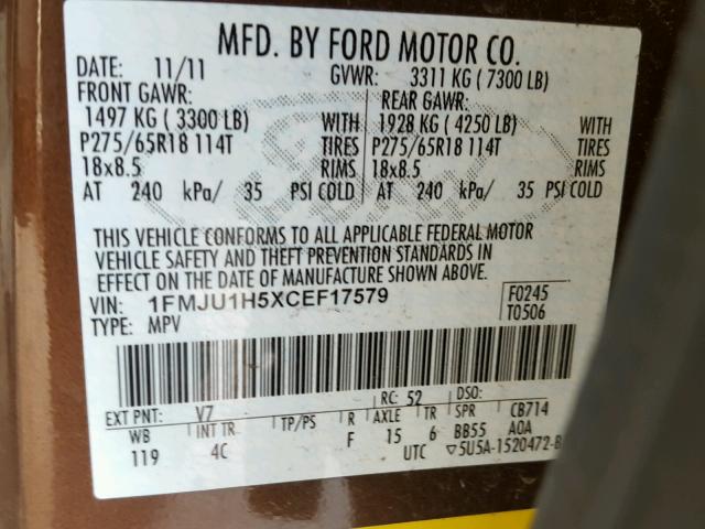 1FMJU1H5XCEF17579 - 2012 FORD EXPEDITION BROWN photo 10