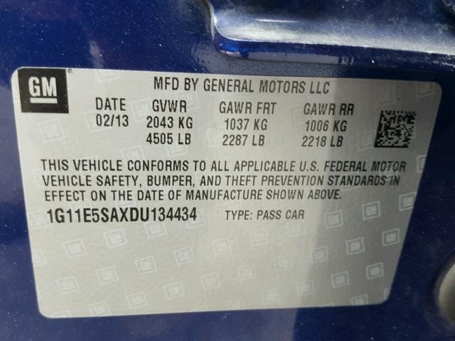 1G11E5SAXDU134434 - 2013 CHEVROLET MALIBU BLUE photo 10