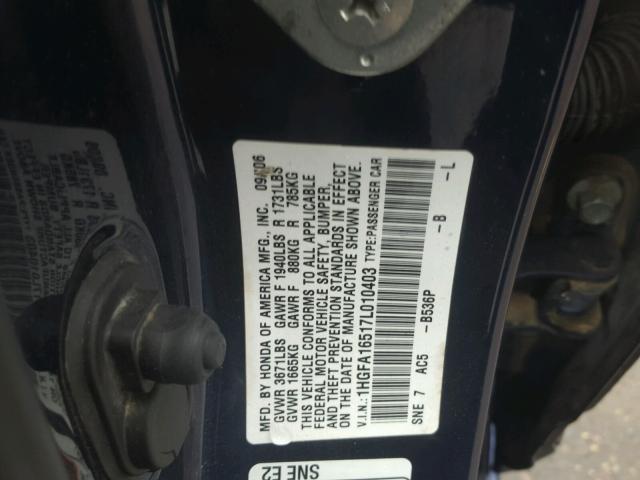 1HGFA16517L010403 - 2007 HONDA CIVIC BLUE photo 10