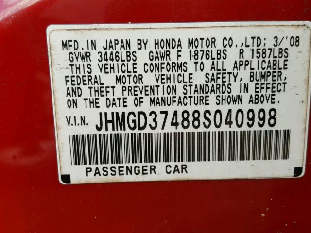 JHMGD37488S040998 - 2008 HONDA FIT RED photo 10