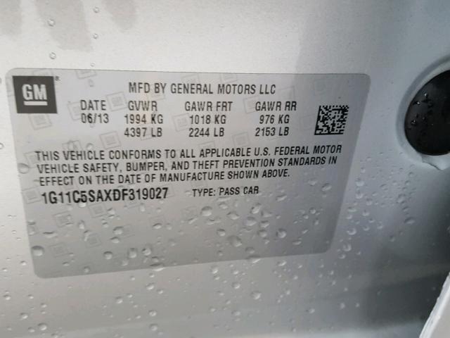 1G11C5SAXDF319027 - 2013 CHEVROLET MALIBU 1LT ვერცხლისფერი ფოტო 10