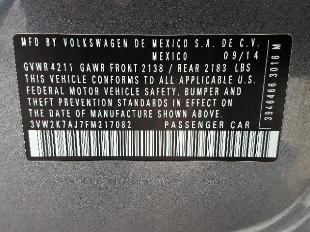 3VW2K7AJ7FM217082 - 2015 VOLKSWAGEN JETTA BASE 灰色 照片 10