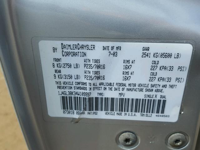 1J4GL38K34W109997 - 2004 JEEP LIBERTY RE SILVER photo 10