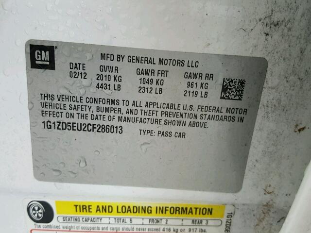 1G1ZD5EU2CF286013 - 2012 CHEVROLET MALIBU თეთრი ფოტო 10