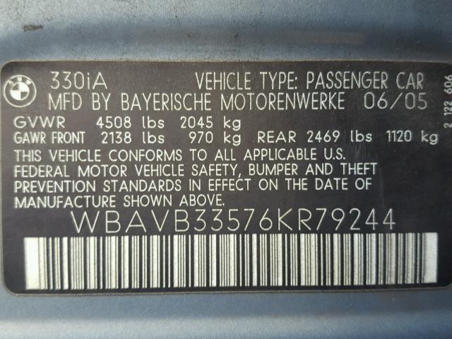 WBAVB33576KR79244 - 2006 BMW 330 I BLUE photo 10