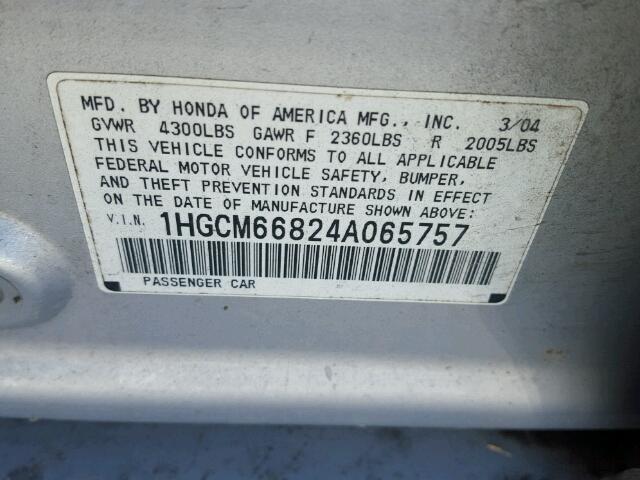 1HGCM66824A065757 - 2004 HONDA ACCORD EX SILVER photo 10