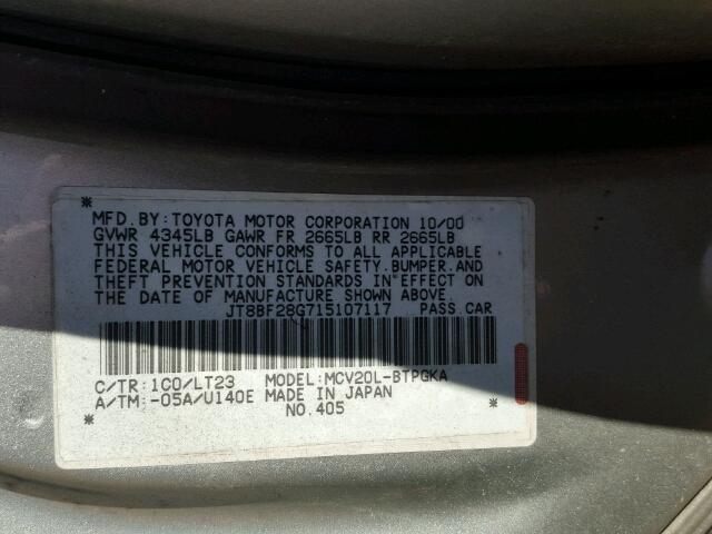 JT8BF28G715107117 - 2001 LEXUS ES 300 SILVER photo 10