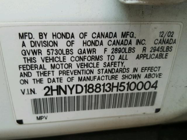 2HNYD18813H510004 - 2003 ACURA MDX TOURIN WHITE photo 10