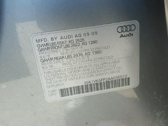 WA1VKAFP2AA035512 - 2010 AUDI Q5 PRESTIG SILVER photo 10