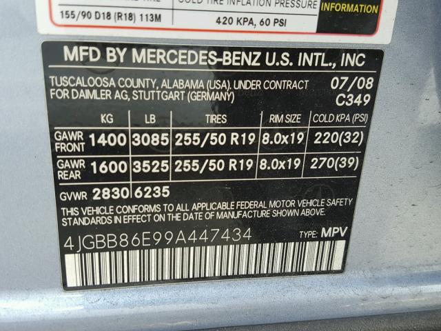 4JGBB86E99A447434 - 2009 MERCEDES-BENZ ML 350 BLUE photo 10