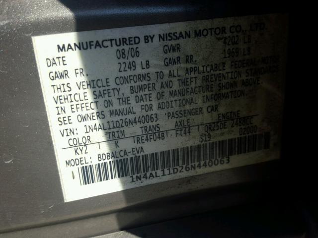 1N4AL11D26N440063 - 2006 NISSAN ALTIMA BROWN photo 10