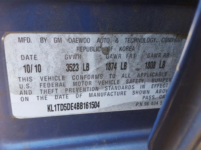 KL1TD5DE4BB161504 - 2011 CHEVROLET AVEO LS BLUE photo 10