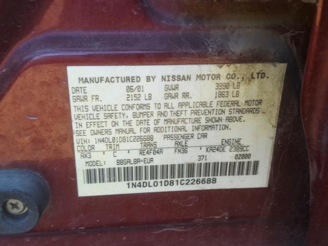 1N4DL01D81C226688 - 2001 NISSAN ALTIMA XE BURGUNDY photo 10