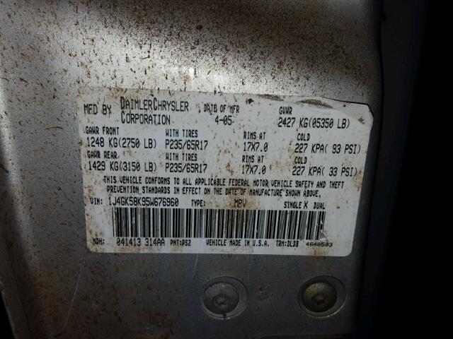 1J4GK58K95W676960 - 2005 JEEP LIBERTY LI SILVER photo 10