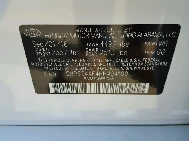 5NPE34AF4HH494109 - 2017 HYUNDAI SONATA WHITE photo 10