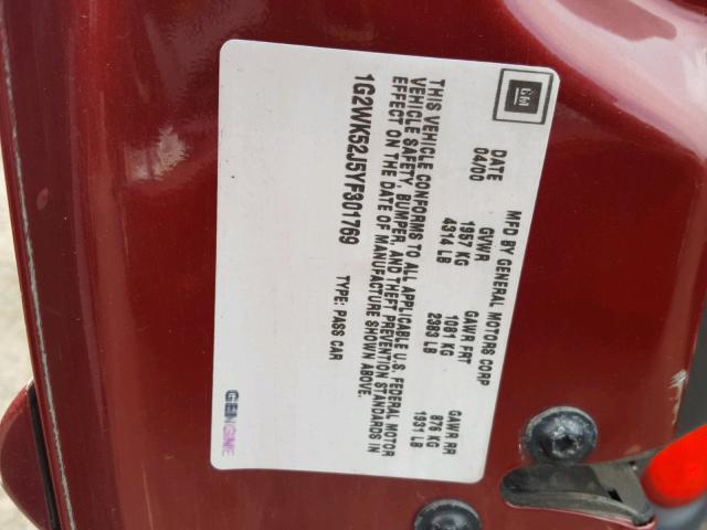 1G2WK52J5YF301769 - 2000 PONTIAC GRAND PRIX Бордовий фото 10