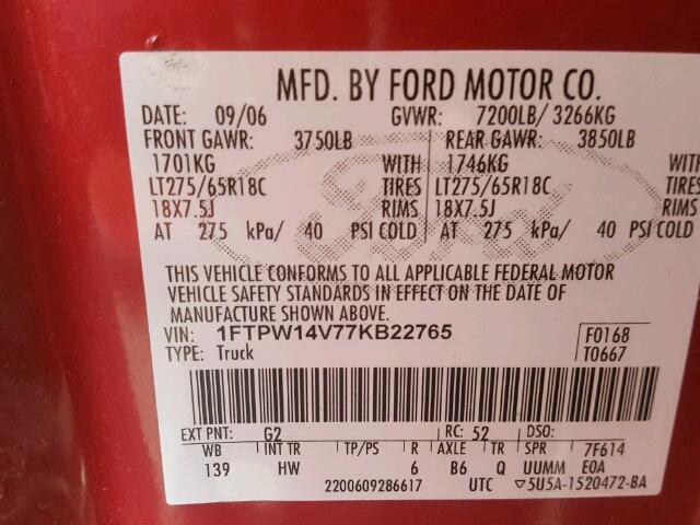 1FTPW14V77KB22765 - 2007 FORD F150 RED photo 10