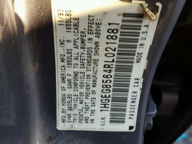 1HGEG8564RL021881 - 1994 HONDA CIVIC GRAY photo 10