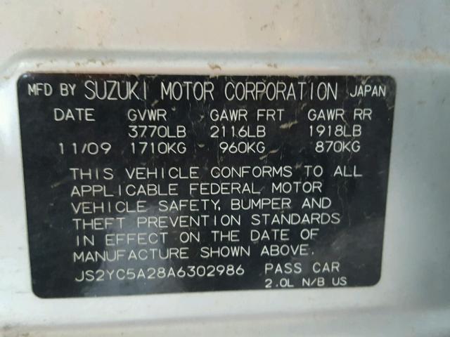 JS2YC5A28A6302986 - 2010 SUZUKI SX4 LE SILVER photo 10