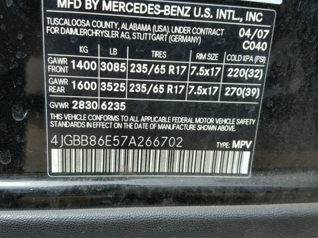 4JGBB86E57A266702 - 2007 MERCEDES-BENZ ML 350 BLACK photo 10