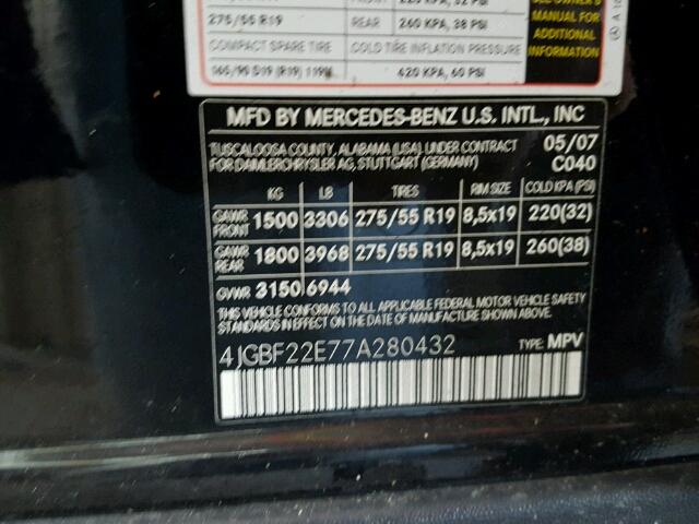 4JGBF22E77A280432 - 2007 MERCEDES-BENZ GL BLACK photo 10