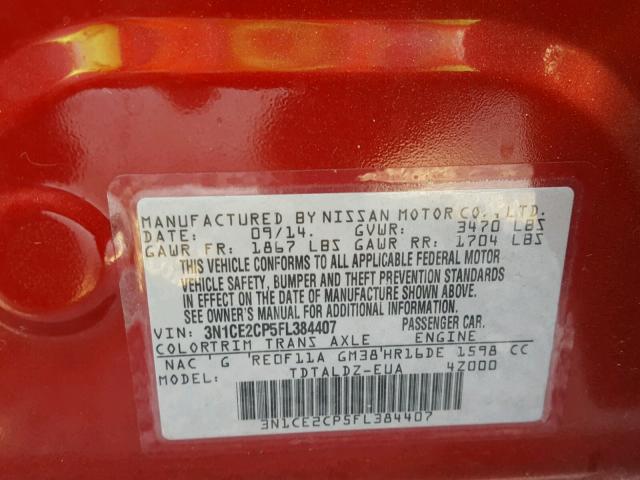 3N1CE2CP5FL384407 - 2015 NISSAN VERSA NOTE RED photo 10