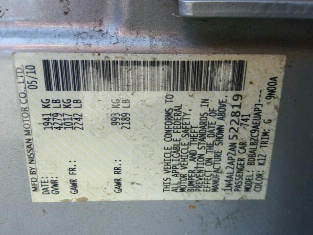 1N4AL2AP2AN522819 - 2010 NISSAN ALTIMA BAS SILVER photo 10