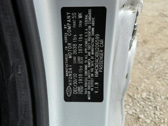 KMHCM3AC4BU206599 - 2011 HYUNDAI ACCENT GL SILVER photo 10