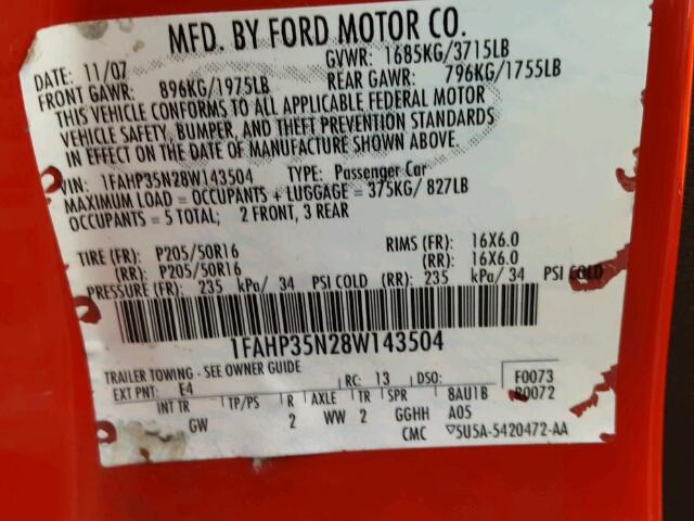 1FAHP35N28W143504 - 2008 FORD FOCUS SE RED photo 10