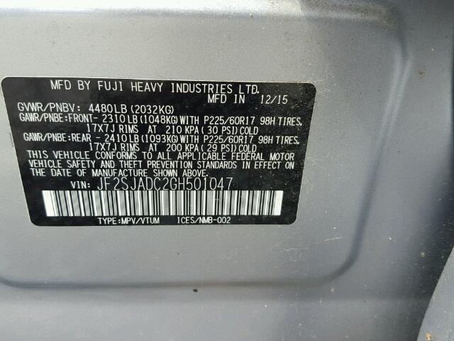 JF2SJADC2GH501047 - 2016 SUBARU FORESTER 2 SILVER photo 10