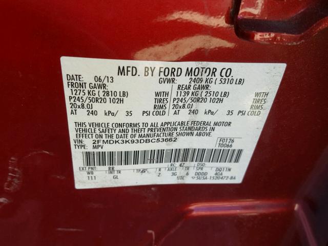 2FMDK3K93DBC53662 - 2013 FORD EDGE LIMIT RED photo 10