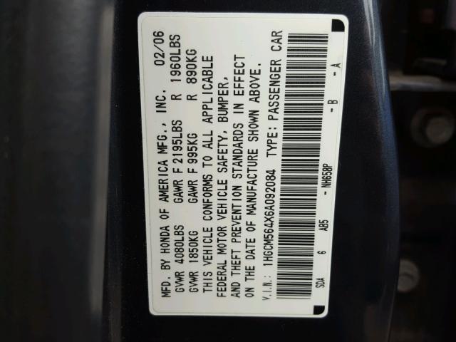 1HGCM564X6A092084 - 2006 HONDA ACCORD GRAY photo 10