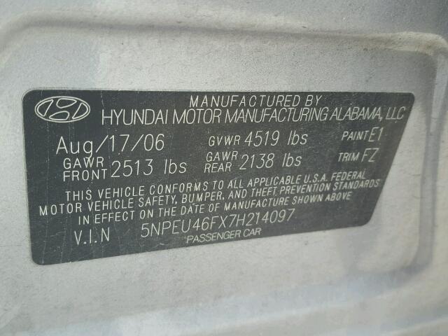 5NPEU46FX7H214097 - 2007 HYUNDAI SONATA SE SILVER photo 10