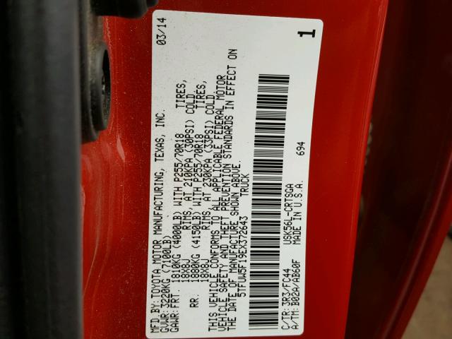 5TFUW5F19EX372643 - 2014 TOYOTA TUNDRA RED photo 10